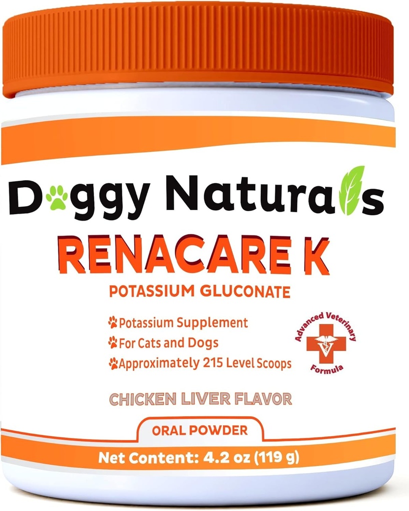 RenaCare K es para Renal K (Potasio Gluconato) Potasio Suplemento Polvo para perros y gatos, (4 oz) con Chicken Liver Flavor - 215 Nivel Scoop (Made is U.S.A)