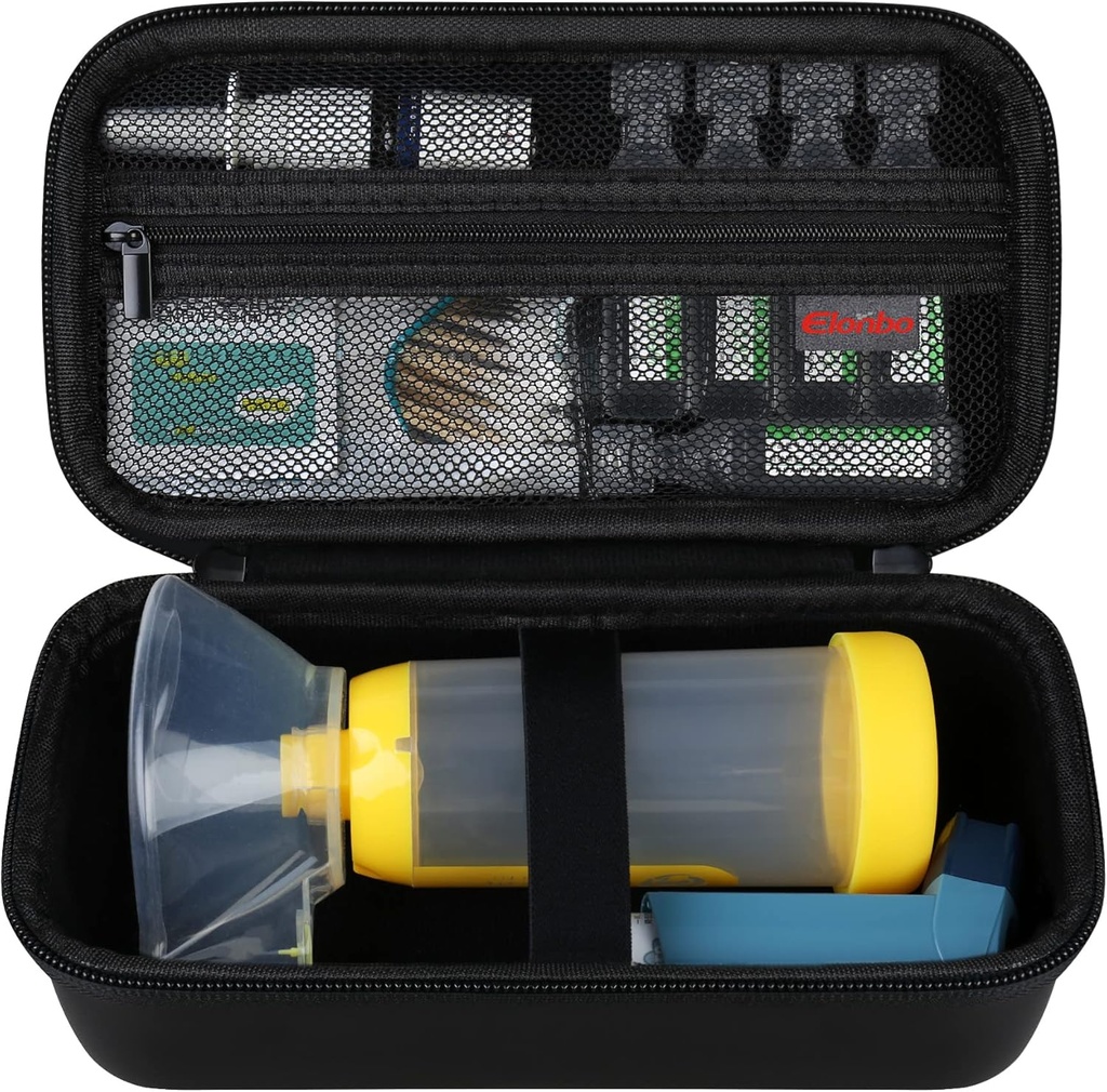 Caso de carga de Elonbo para Asma Inhaler, Inhaler Spacer para niños y adultos, Máscaras, Inhaler Holder Asthma Travel Organize Bag, Pocket Fits Alergy Meds, Ventolin Inhaler, Black (Case Only)