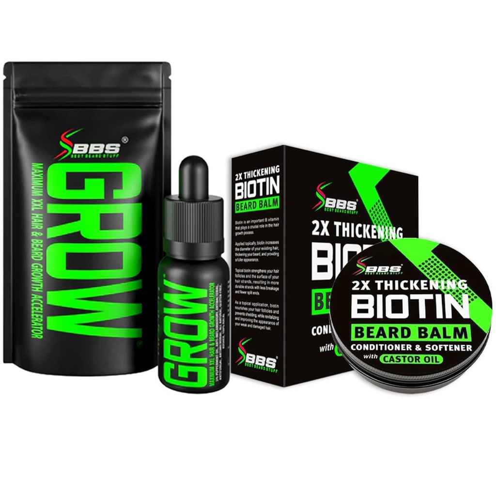 Kit de crecimiento de barba w/GROW XXL Beard Oil/Serum para el crecimiento del cabello facial para hombres + 2X Thickening Biotin Mustache Wax &amp; Balm para hombres - acondicionador &amp; Softener - Formulado en América