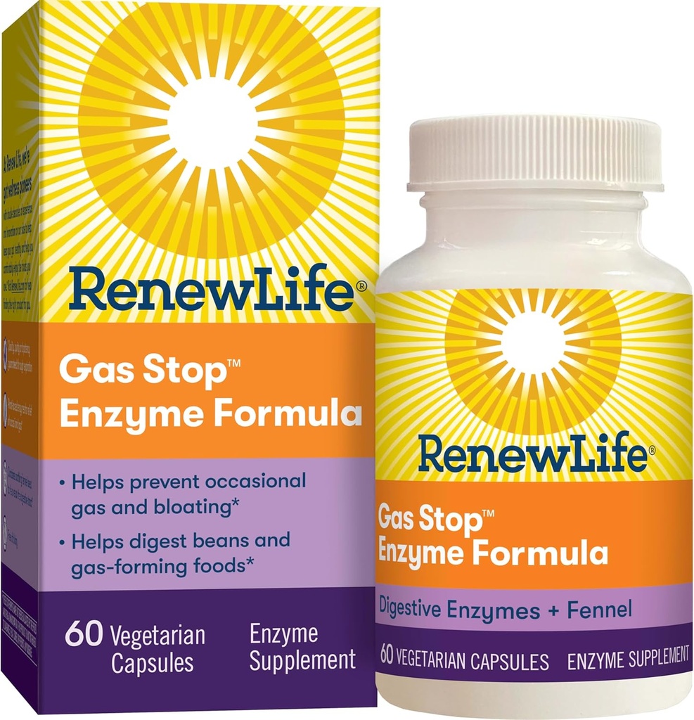Renew Life Adult Plant-Based Enzyme Suplemento - Gas Stop Enzyme Formula, Dariy Free - 60 cápsulas vegetarianas