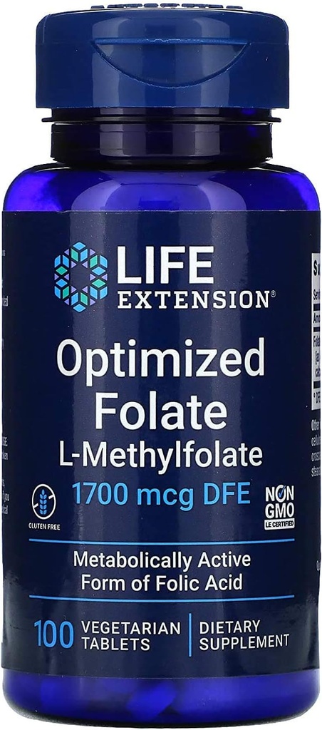 Ampliación de vida Folate optimizado L-Methylfolate 1000 mcg Tablas vegetarianas 2 Pack