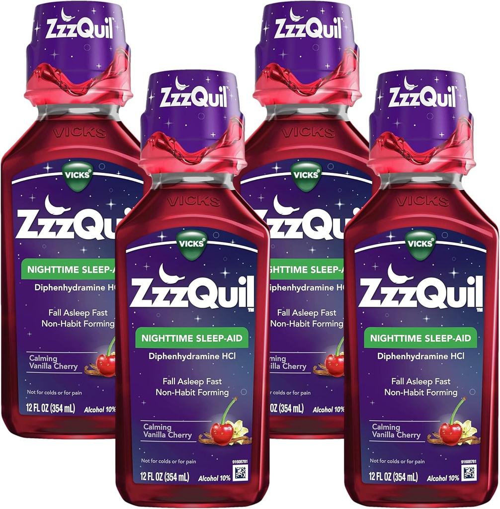 ZzzQuil, Nighttime Sleep Aid Liquid, 50 mg Diphenhydramine HCl, No.1 Sleep-Aid Brand, Calming Vanilla Cherry Flavor, Non-Habit Forming, 12 FL OZ (Pack of 4)