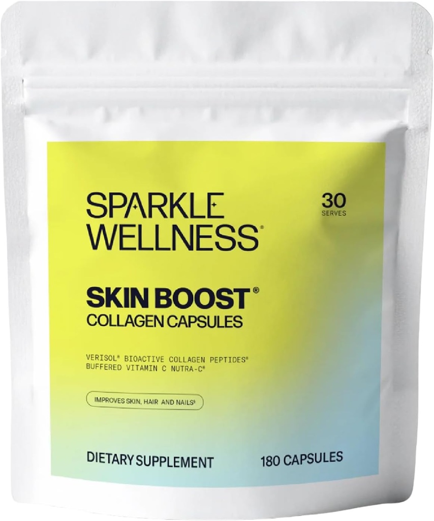 Sparkle Wellness Skin Boost Collagen Capsules (180 Píldoras) TENIDO 30 Días de 2500mg VERISOL Collagen Peptides &amp; Vitamina C ← Mejora la elasticidad de la piel &amp; Apariencia de líneas finas ← Fortalece el cabello &amp; uñas