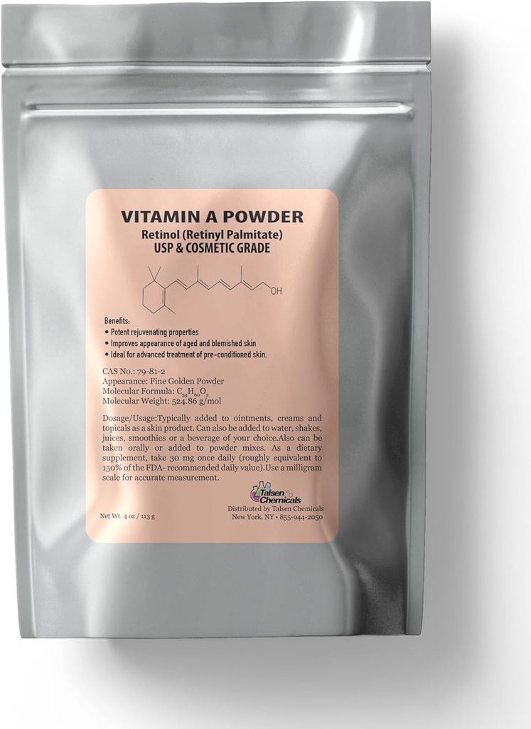 Vitamina A Powder Retinyl Palmitate, Puro Retinol Powdered Vitamina Agua Soluble Vitamina A USP " Grado cosmético (4 oz. / 113 gramos)