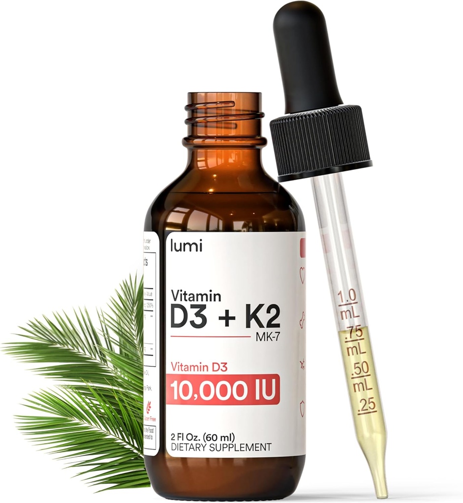 lumi Vitamina D3 K2 MK7 w Palm MCT Oil - 10000 IU D3, 200 mcg K2 MK7-60ml Liposomal Absorption Sublingual Liquid Drops - Non-GMO, Vegan, Unflavored Liquid - Suministro mensual - 2 Fl Oz
