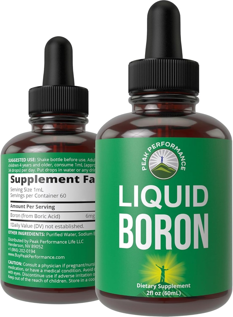 Suplemento de Borón líquido para hombres y mujeres. Minado en Estados Unidos. Gotas de minerales veganos + iónicos con alta biodisponibilidad para el hueso, salud conjunta. Cero Azúcar, sin sabor amargo. Suplementos complejos de hierro