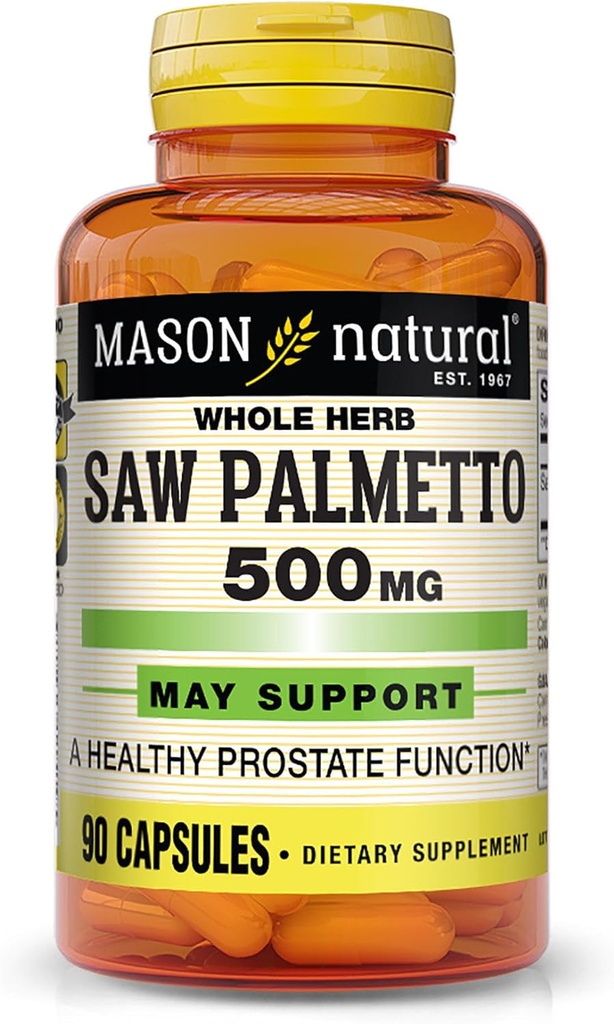MASON NATURAL Saw Palmetto 500 mg, soporta la función de salud de próstata y orina, 90 cápsulas