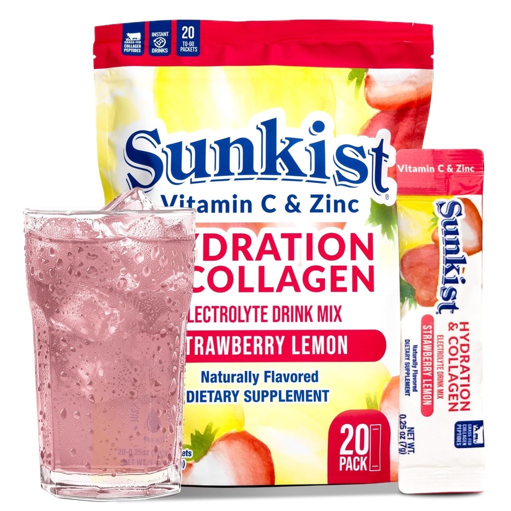 The Frozen Bean Sunkist Hydration & Collagen Strawberry Lemon Electrolyte Powder Drink Mix (20 Sticks), with Collagen Peptides, Vitamin C & Zinc, Just Add Water