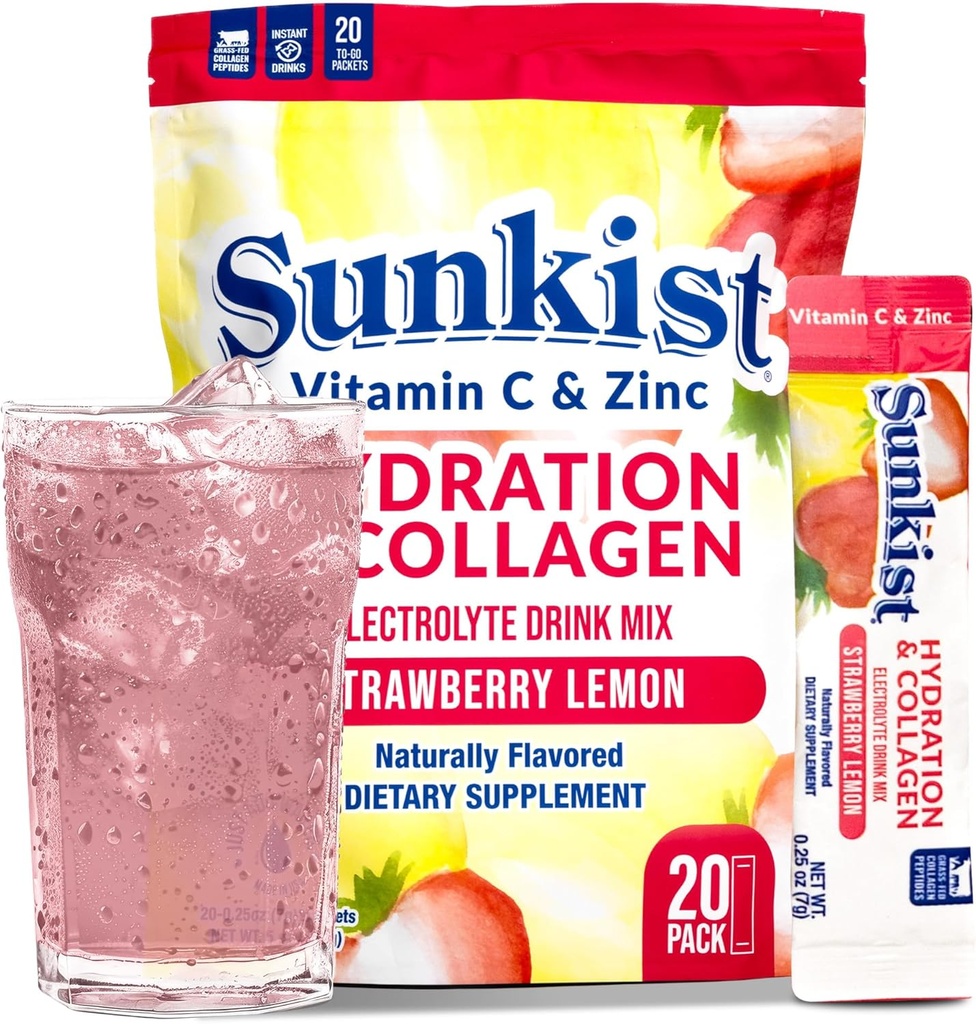 The Frozen Bebida Sunkist Sunkist Collagen Mix - Hydration Strawberry Lemon Electrolyte Drink for Women with Vitamin C, Zinc, Collagen Peptides, Naturally Flavored - 20 Pack