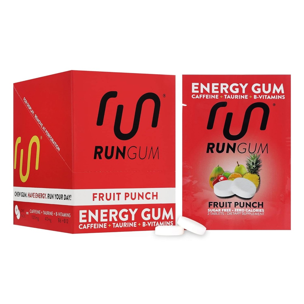 RUN GUM Fruit Punch Energy Chewing Gum 50mg Caffeine Taurine & B-Vitamins Por Piece, 24 piezas (Pack of 12) Sugar Gratis, Cero Calorie, No Aspartame, y Gluten Gratis, 1 ea
