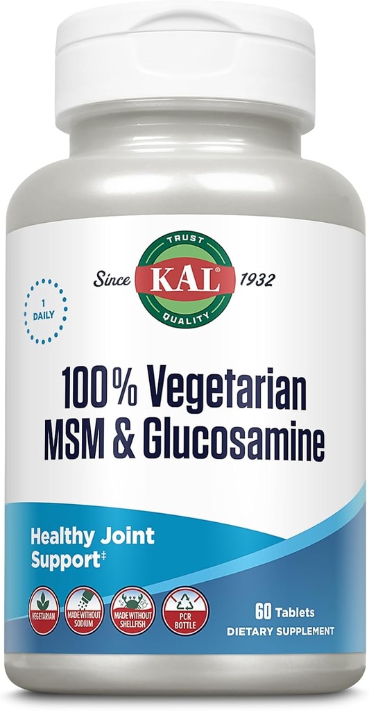 KAL 100% Vegetariano MSM & Glucosamine - Soporte Conjunto Saludable - Glucosamina Vegan y MSM Suplemento - Made Without Shellfish - Lab Verified - 60-Day Guarantee - 60 Servings, 60 Tablets