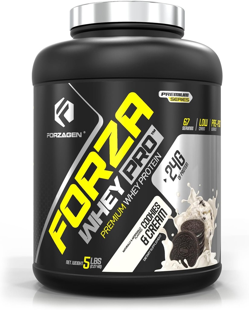 Forzagen Whey PRO Low Carb Protein Powder ← 24g of Protein per Serving, Low-Sugar, Premium Whey for Shakes & Mixes for Men &amp; Women, BCAA  durable Cookies &amp; Cream, 5 lbs. (67 Servings)