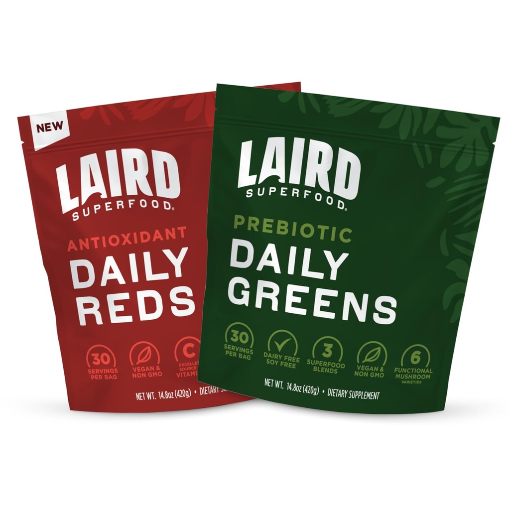 Laird Superfood Reds & Greens Bundle, Prebiotic Daily Greens y Antioxident Daily Reds Powder, 14.8oz