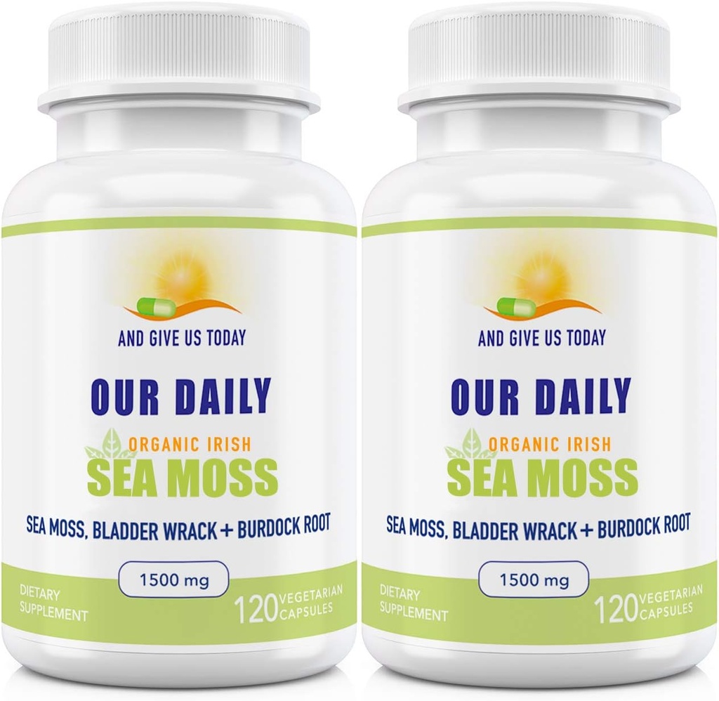 Nuestros Daily Vites Sea Moss Capsules 1500mg (2 Pack) - Wildcrafted Irish Sea Moss Bladderwrack y Burdock Root Superfood Blend - Immune System, Gut Health & Thyroid Support - 240 Vegetarian Capsules