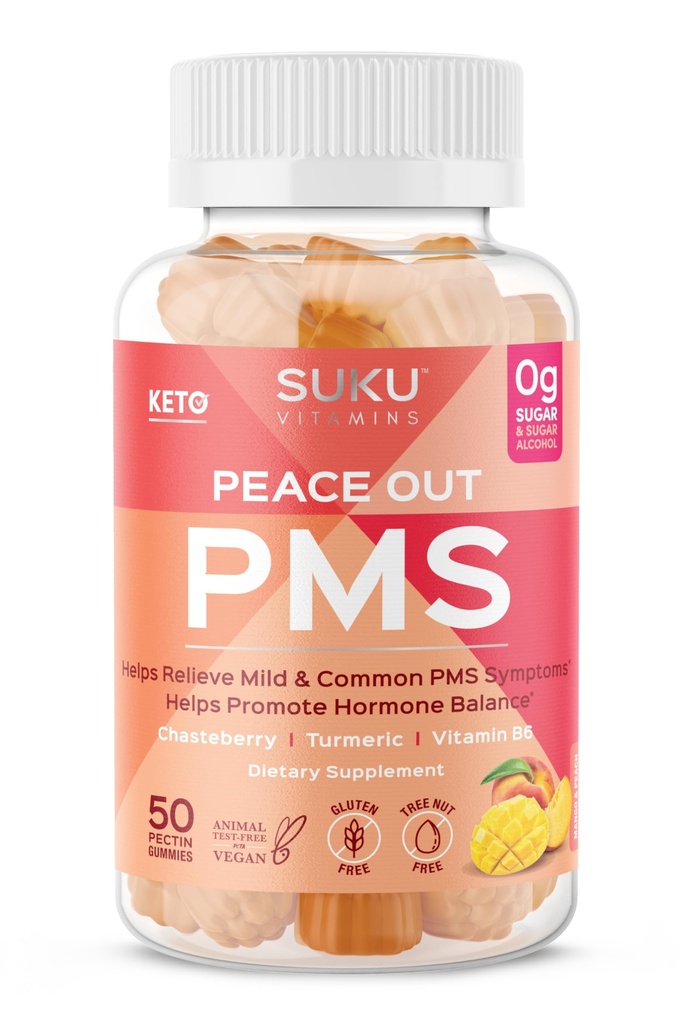 SUKU Vitamins - PMS Gummy Supplement with Chasteberry to Relieve PMS and Menopause Peach Mango Gummies (50 Count)