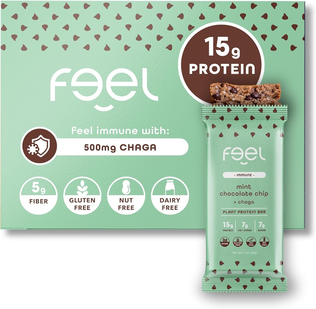Feel Vegan Protein Bares ← Mint Chocolate Chip ← Keto TENIDO Gluten Free Silencio Orgánica Chaga Mushroom Silencio 15g Plant Protein ← Low Carb TEN High Protein ← Dairy Free TEN Low Sugar Silencio Grain Free ← Nut Free ← Soy Free