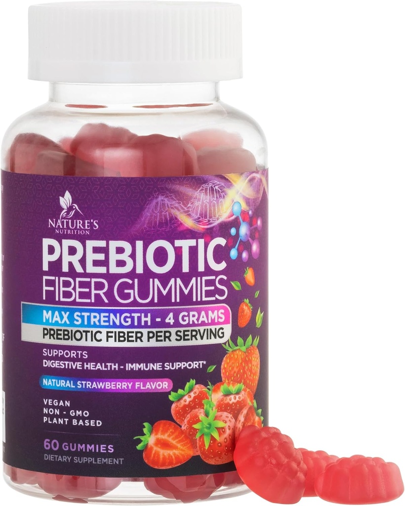 Gummies de fibra para adultos, Suplemento diario 4g de fibra de goma, Prebiótico Gummy Apoyo a la salud digestiva - Mandíbulas de fibra con base vegetal, prebióticos soporta la regularidad y la digestión No GMO - 60 Gummies
