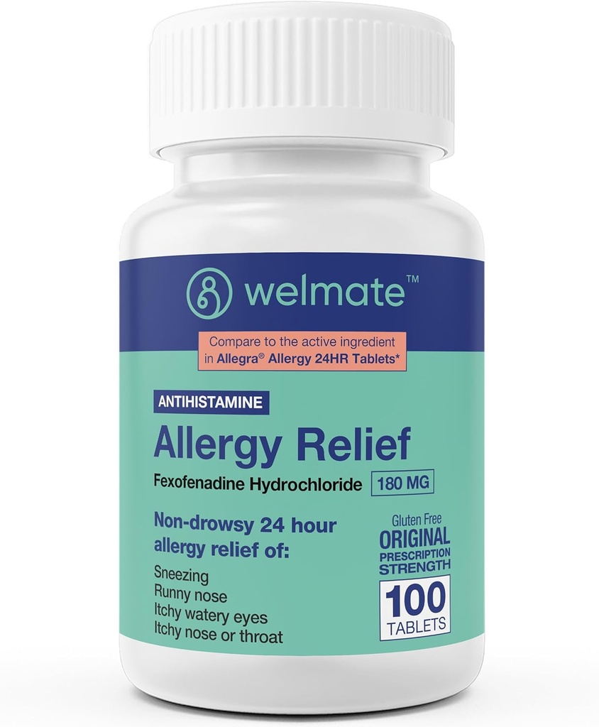 WELMATE - Alivio de la alergia - Fexofenadine HCl 180 mg - 24 horas Antihistamínico antihistamínico no somnoliente - Runny Nose - Itchy Eyes, Nose & Throat - Allergy Relief Tablets - 100 Count