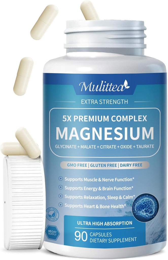 Magnesio Complejo Chelated Magnesium Glycinate w/Malate, Taurate reducida Herbal Extracts for Support Sleep, Muscle,Cortisol & Heart Health, Gluten Free, Vegan, Non GMO, High Absorption, 90 Capsules