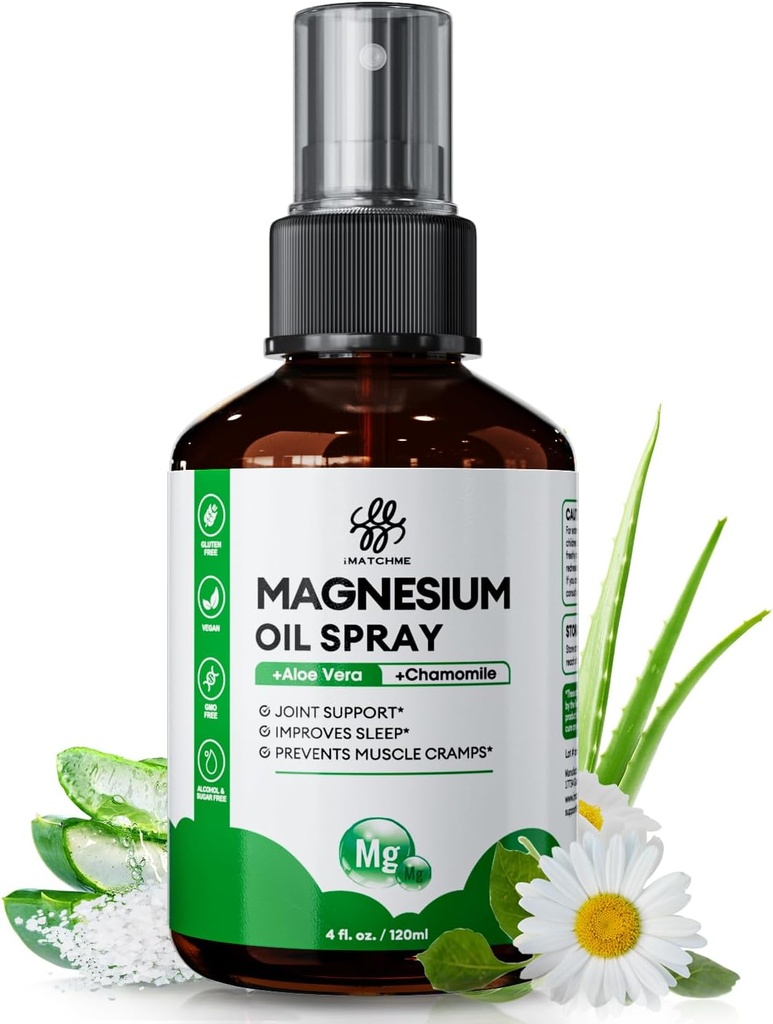 Espray de aceite de magnesio - Espray de magnesio para Pies &amp; Cuerpo, Calambres Legislativos, Soporte de salud conjunta, Esquí nórdica - Aceite puro, tópico y natural de minerales antiguos, 4oz