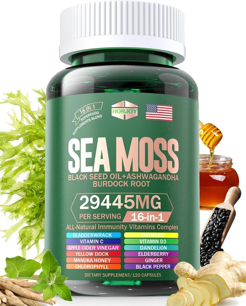 Sea Moss 12000mg Black Seed Oil 6000mg Ashwagandha 3000mg Turmeric 1000mg Bladderwrack 2000mg Burdock 3000mg &amp; Vitamin C &amp; D3 con Elderberry Manuka Dandelion Yellow Dock Iodine Chlorophyll ACV
