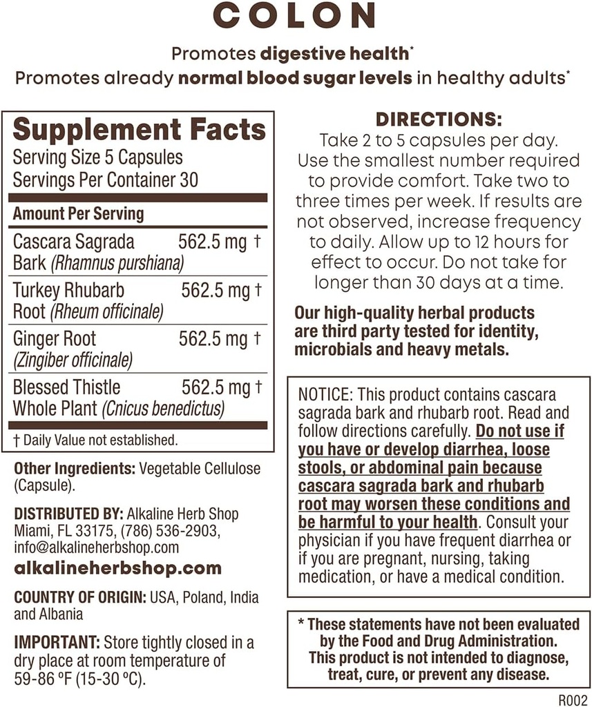 Alkaline Herb Store Colon Suplemento 150 Capsules (Happy Colon)