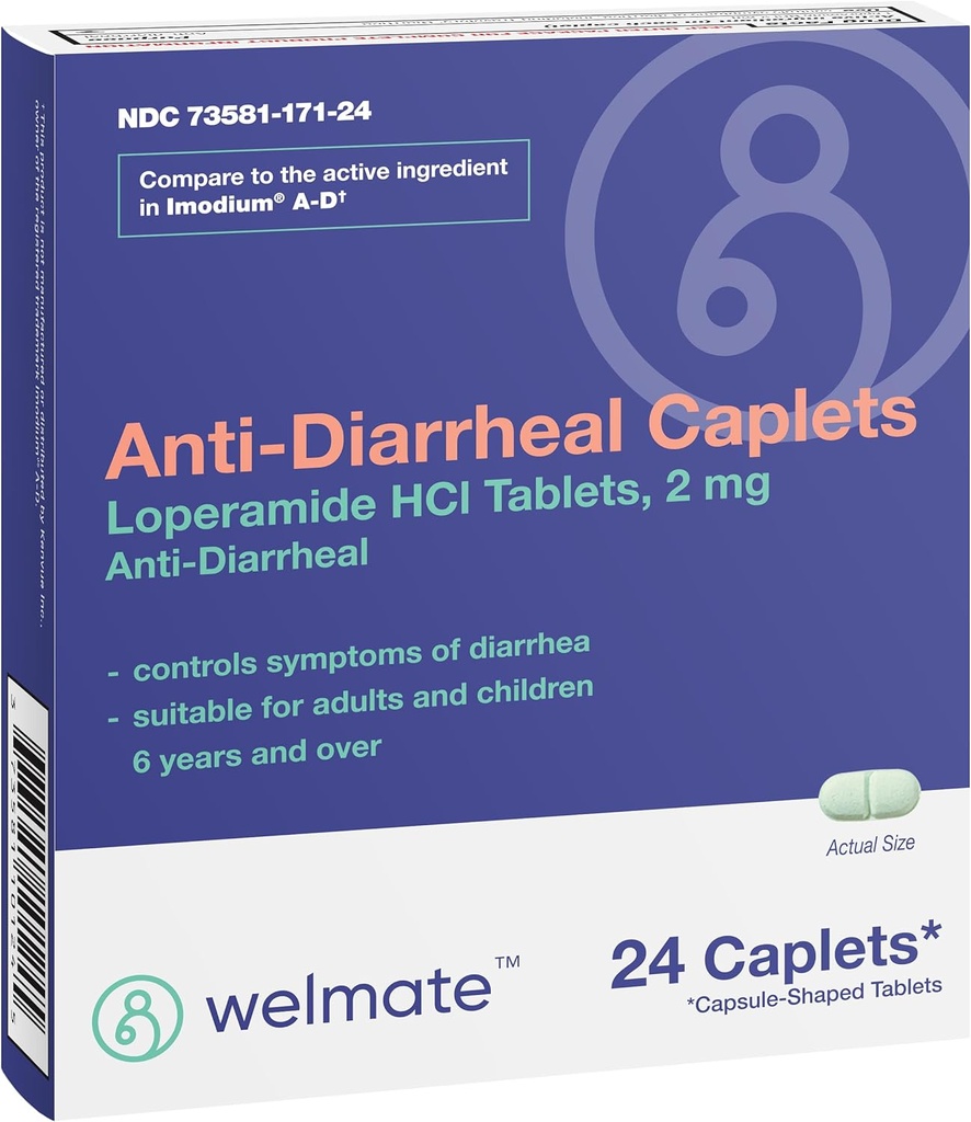 WELMATE - Anti-Diarrheal Caplets (24 Caplets) - Loperamida HCL 2 mg - Diarrhea Symptom Relief - Upset Stomach Reliever - Anti Diarrea Pills - Medicación sobre el hombro