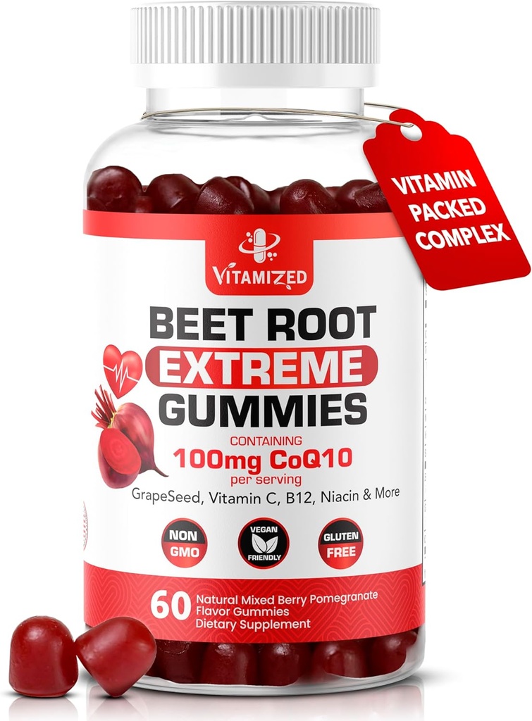 Extreme Beetroot Formula " COQ10 100mg con Grape Seed Extract, para Circulation Energy " Flow, 1500mg Beet Root Gummies Extracto Gluten Free 60