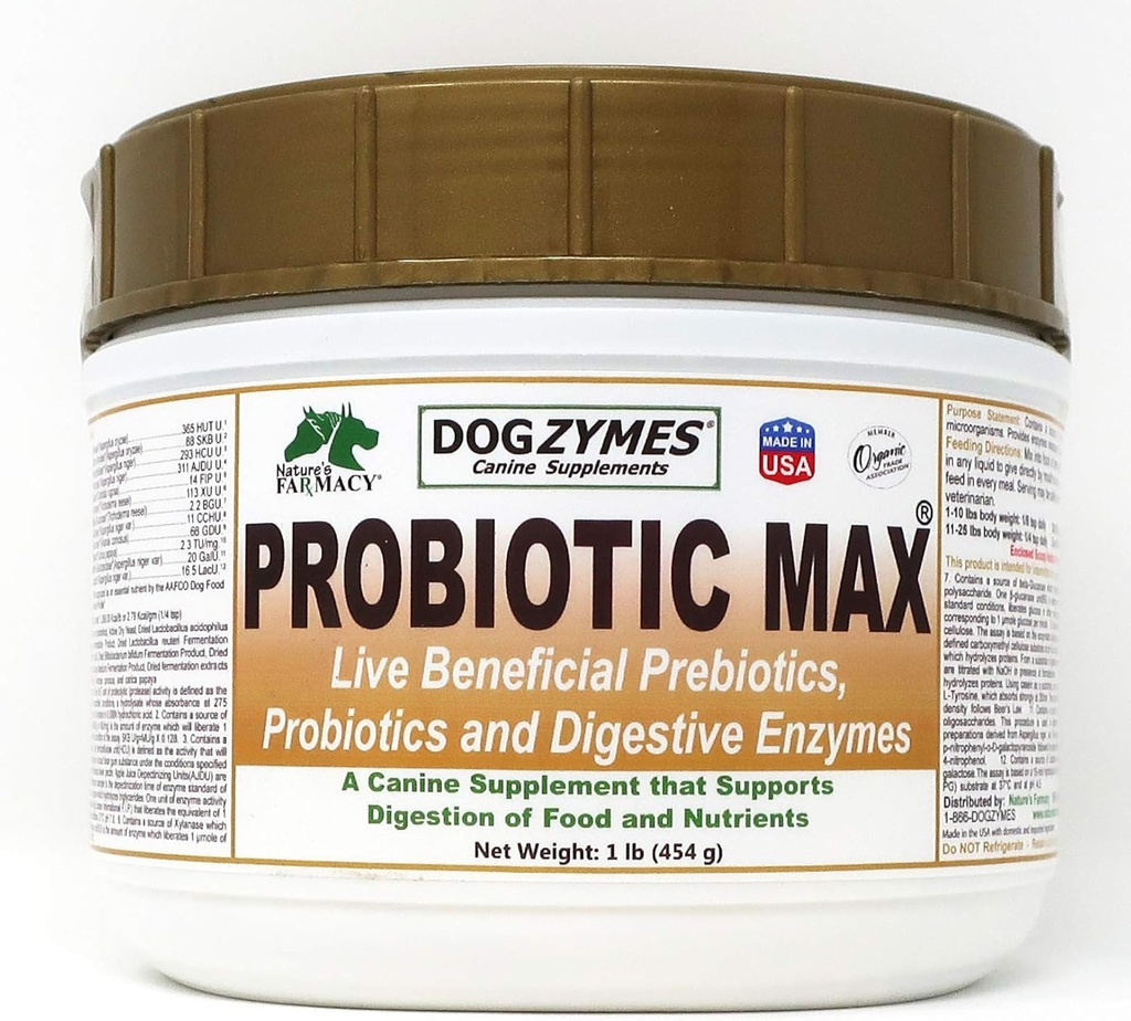 Dogzymes Probiótico Max -10 milliardes de Probióticos, Prebióticos, Enzimas Digestivos - Alivia la Diarrea, Upset Stomach, Estreñimiento, Gas, Alergía, Inmunity &amp; Salud Global (1 libra)