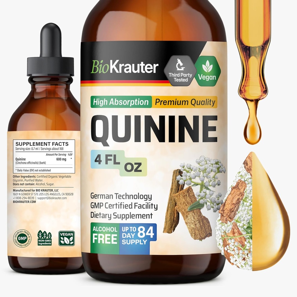 BIO KRAUTER Quinine for Leg Cramps Tincture - Cinchona Bark Extract - Vegan Quinine Liquid - Alcohol & Sugar Free Extract 4 Fl.Oz.