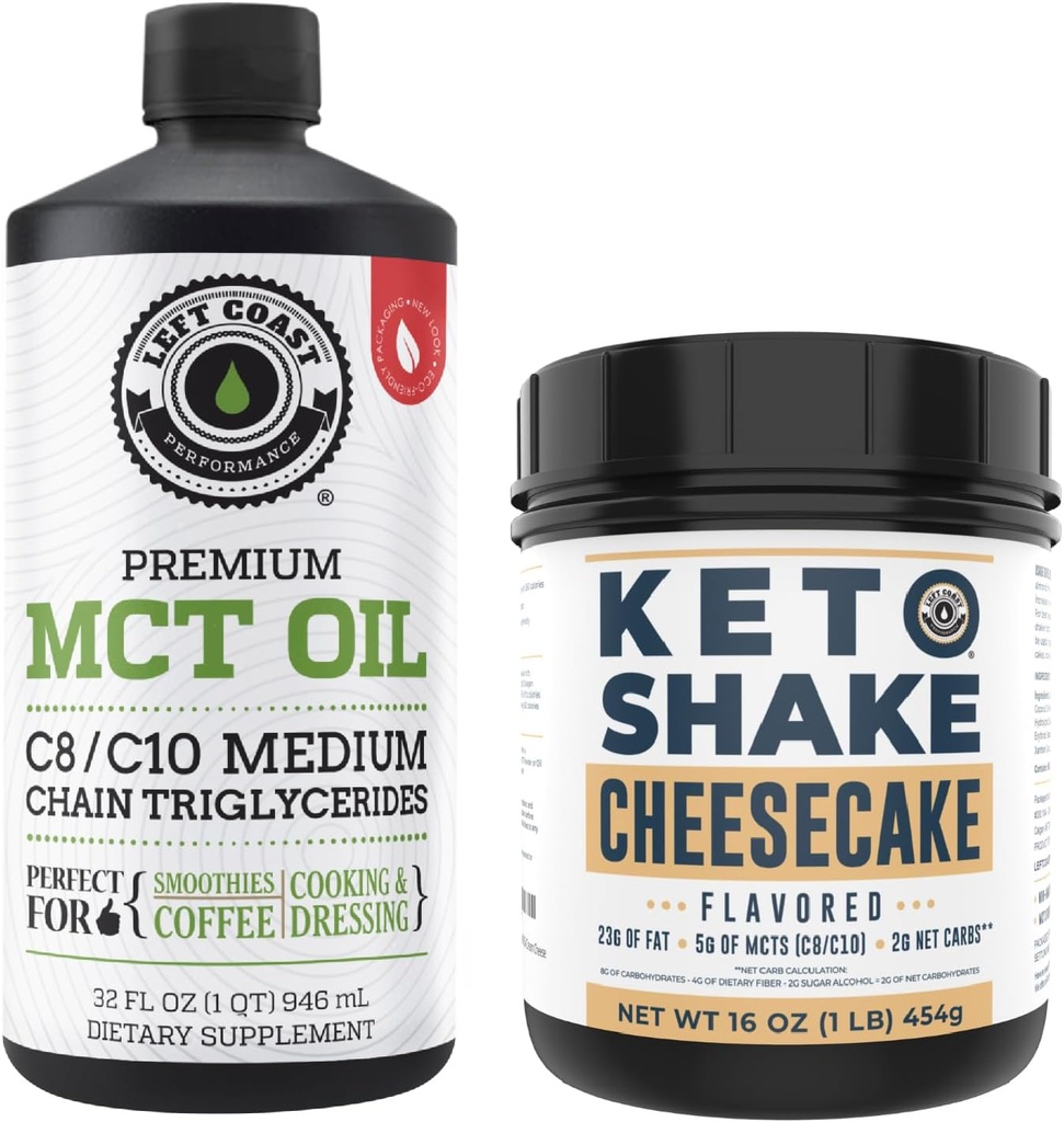 Left Coast Performance 100% Coconut MCT Oil Liquid, 32oz + Cheesecake Keto Meal Replacement Shake, 16oz