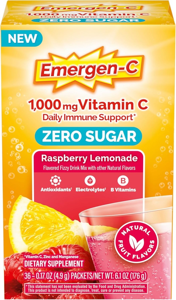 Emergen-C Zero Sugar 1000 mg Vitamina C Polvo para el soporte diario de la cafeína vitamina C Suplementos con zinc y manganeso, vitaminas B y electrolitos, sabor de limón de frambuesa - 36 Conde
