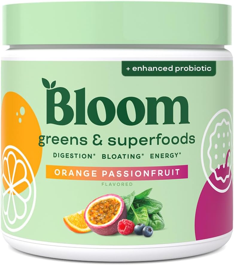 Bloom Nutrition Superfood Greens Powder, Enzymes Digestivos con Probióticos y Prebióticos, Gut Health, Bloating Relief for Women, Chlorella, Juice Mix w/Beet Root Powder, 30 SVG, Orange Passionfruit