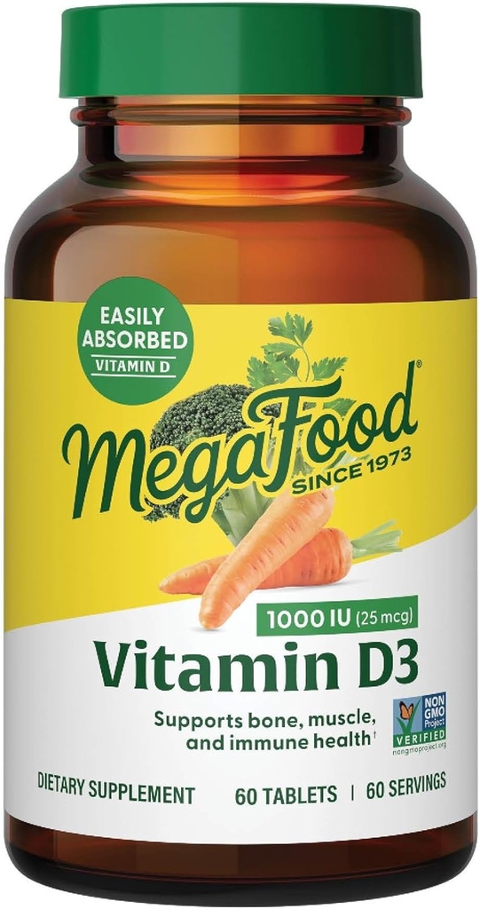 MegaFood Vitamina D3 1000 UI (25 mcg) - Suplementos de vitamina D con alimentos reales, soporte inmunológico, huesos de apoyo, dientes &amp; musculos, vegetariano, libre de gluten, no GMO, Kosher – 60 Tabletas, 60 Serviciones