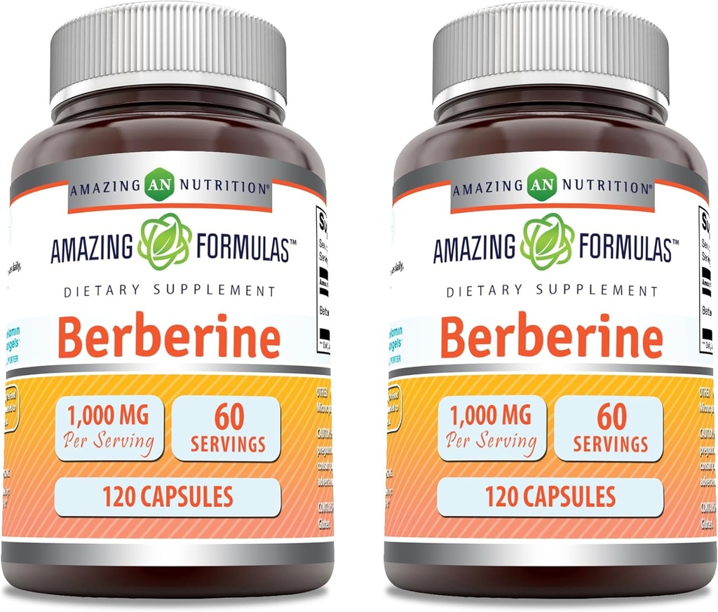 Amazing Fórmulas Berberine 1000mg Por Serving Capsules Suplemento Silencio No GMO Silencio Gluten Libre Silencio Made in USA (120 Silencio 2 Pack)