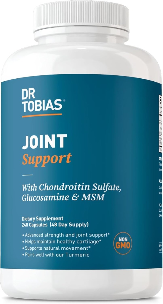 Dr. Tobias Joint Support Suplemento con Glucosamine Chondroitin MSM, admite tejidos conectivos, función y flexibilidad, suplementos conjuntos de fuerza adicional para hombres y mujeres, 240 cápsulas