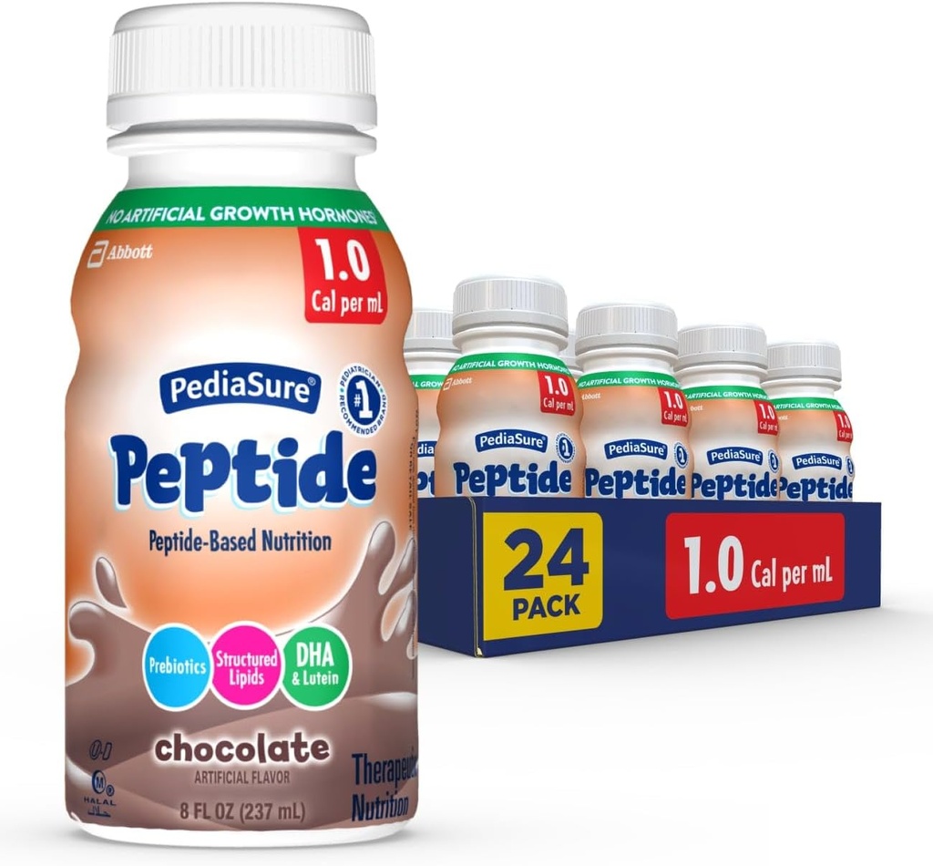 PediaSure Peptide 1.0 Cal,24 Cuenta,Completa,Balanced Nutrition for Kids with GI Conditions,Peptide-Based Formula,with 7g Protein and Prebiotics, for Oral or Tube Feeding,Chocolate,8-fl-oz Bottle
