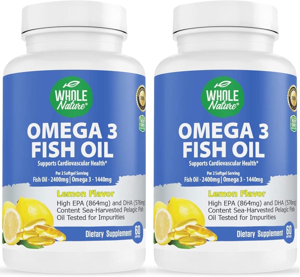 Omega 3 suplementos de aceite de pescado, máxima fuerza 2400 mg Omega-3, 1440 mg de aceite de pescado, EPA y DHA ácidos grasos, corazón, cerebro &amp; apoyo inmunológico para mujeres y hombres. sabor natural de limón, 120ct (2)