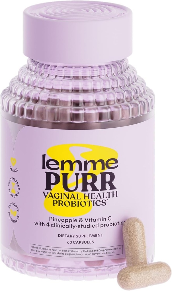 Lemme Purr Vaginal Probiotics for Women - Promotes pH Balance, Healthy Vaginal Odor &amp; Urinary Tract Health w/Lactobacillus Blend, Clinically Tested Strains, Pineapple &amp; Vitamin C - 60 Veggie Capsules