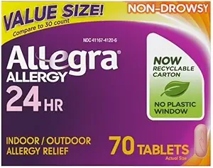Allegra Adulto 24 horas Alergía Tabletas, 180 mg, Relieve notable en 1 hora, (70 Cuenta )