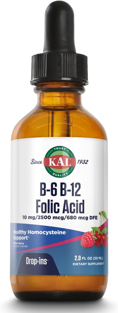 KAL Vitamina B-6 B-12 gota de ácido fólico, gotas de suplemento de vitamina B líquida, salud cardíaca, energía, célula de sangre roja Apoyo con metil B12 y folato de metil, sabor de baya mezclada natural, 59 Actuaciones, 2oz