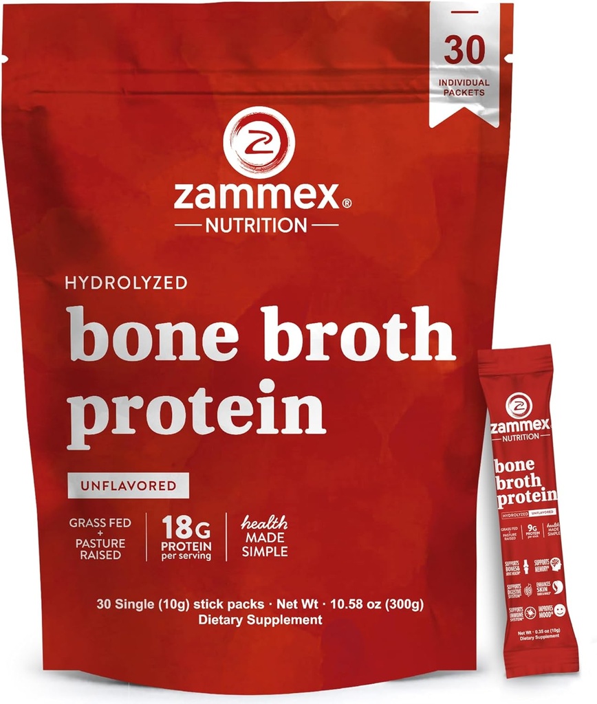Zammex Bone Broth Packets-20g Collagen Protein-Beef Bone Broth Powder to Go-30 Travel Stick Packets-Supports Skin Nails Joints, Gut Health TEN Gluten-Free SilencioKeto &amp; Paleo Friendly (15 Servings)