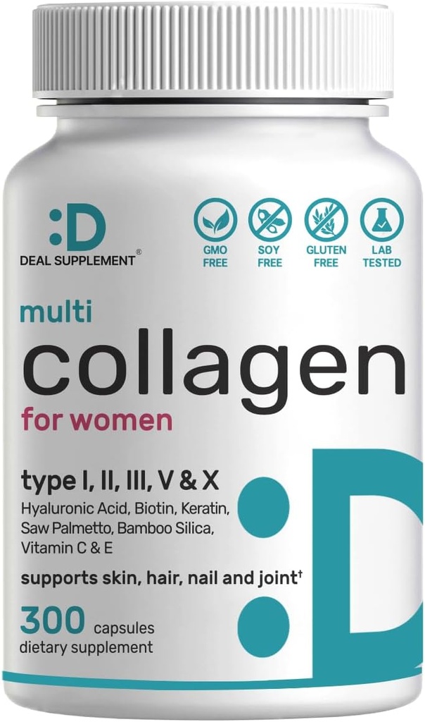 Píldoras multi colágeno con vitamina C, E " Biotina, 300 cápsulas – Péptidos de colágeno hidrolizado – 11 en 1 Fórmula con Saw Palmetto, Bamboo Silica, " Ácido hialurónico: pelo, piel, uñas, " salud conjunta