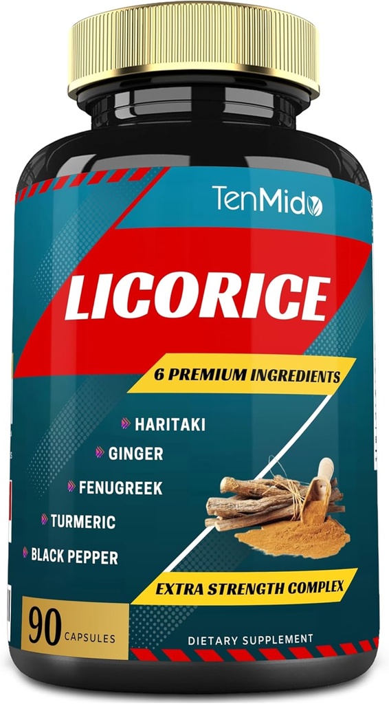 Licorice Extract Capsules con Turmeric, Ginger, Fenugreek, Haritaki, Black Pepper - Función de la digestión de soporte - 90 caps, 3 meses de suministro