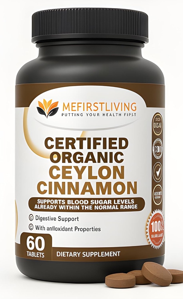 Me First Living Ceylon Cinnamon 1000mg, 100% Certified Organic Ceylon Cinnamon, Non-GMO, True Cinnamon, Metabolism Support, Antioxidante - 60 Tablets
