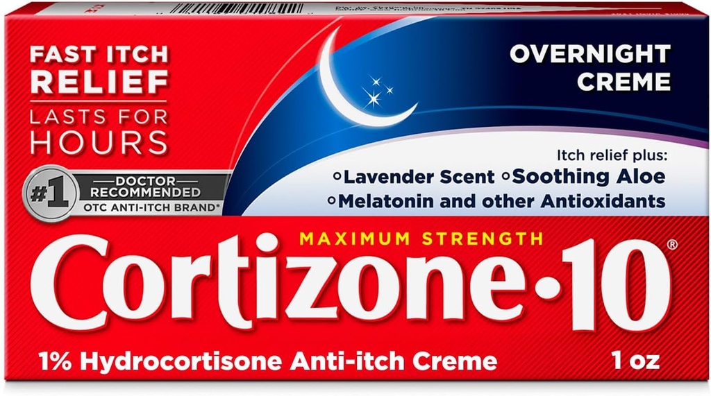 Cortizone-10 Crema de Alivio de Itch de la noche, 1% de Hidrocortisona, Acción rápida, Crema anti Itch perfumada para Bites de Bug, Rash, Eczema, Psoriasis, Poison Ivy, Oak, Sumac, 1 oz