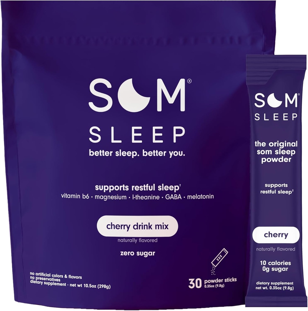 Som Sleep, Calm Sleep Aid Powder Drink Mix, 3mg Melatonin, Magnesium, Vitamina B6, L-Theanine & GABA – Vegan, Zero Sugar, Keto Friendly – Cherry, 30-Pack