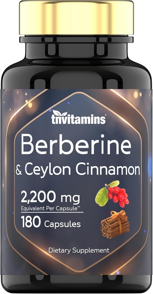 Berberina con canela de Ceylán: 2200 mg Por cápsula - 180 cápsulas ¦ Suplemento bereberina natural para el sistema circulatorio cardiovasular Salud* ← 6 Mes de suministro Silencioso Hecho en Estados Unidos!