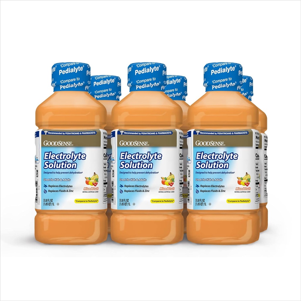 GoodSense Mixed Fruit Electrolyte Solution - Replaces Electrolytes, Fluids & Zinc for Kids & Adults, Hydration Drink for Dehydration, 33.8 Fluid Ounces (Pack of 6)