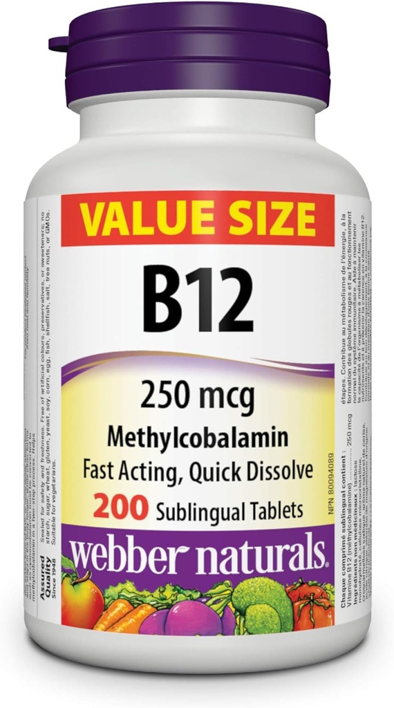 Webber Naturals Vitamin B12 250 mcg Methylcobalamin, 200 Sublingual Tablets
